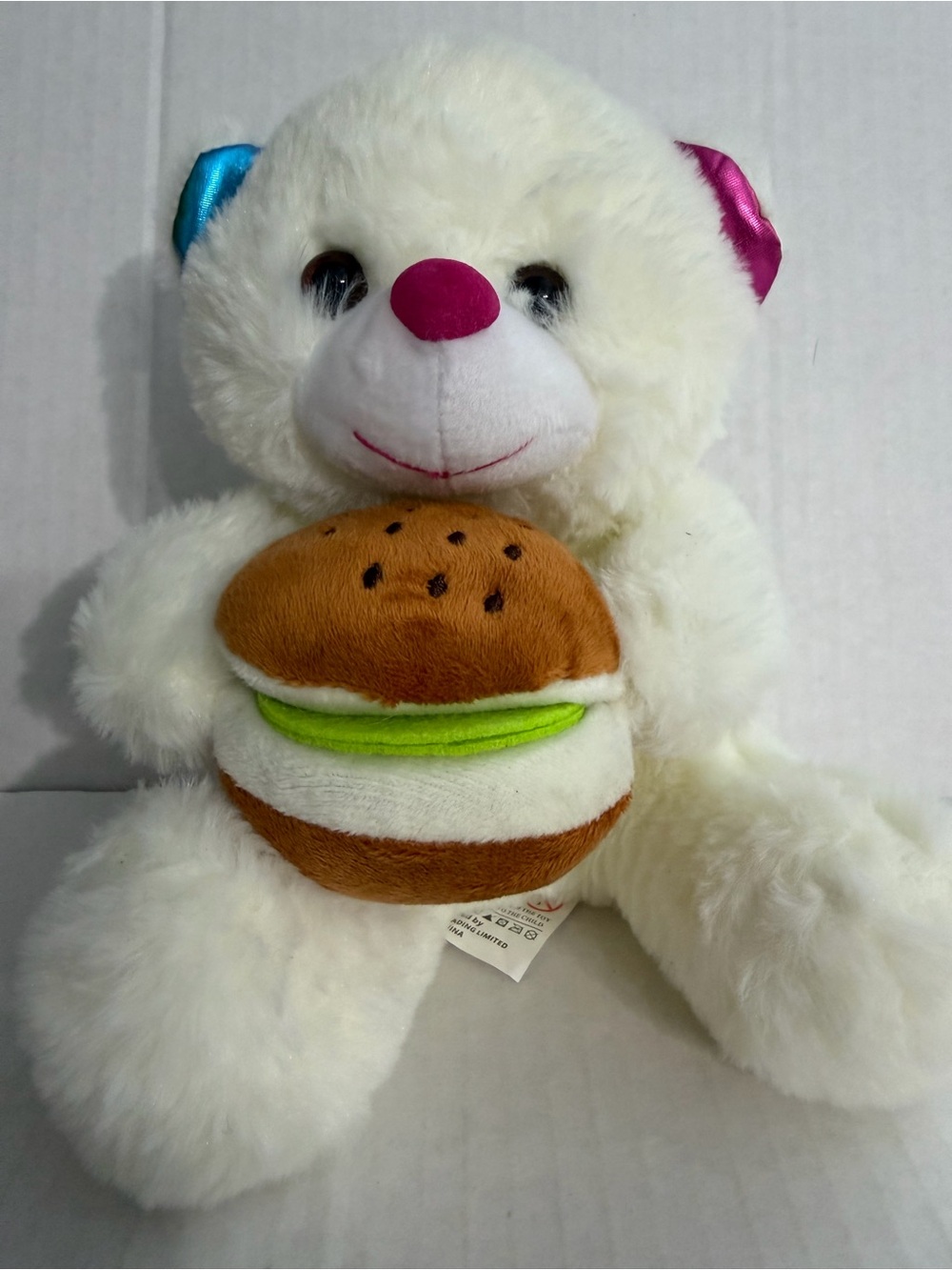 US Fun Machines White Plush Teddy Bear with Pink Nose Holding Toy Burger